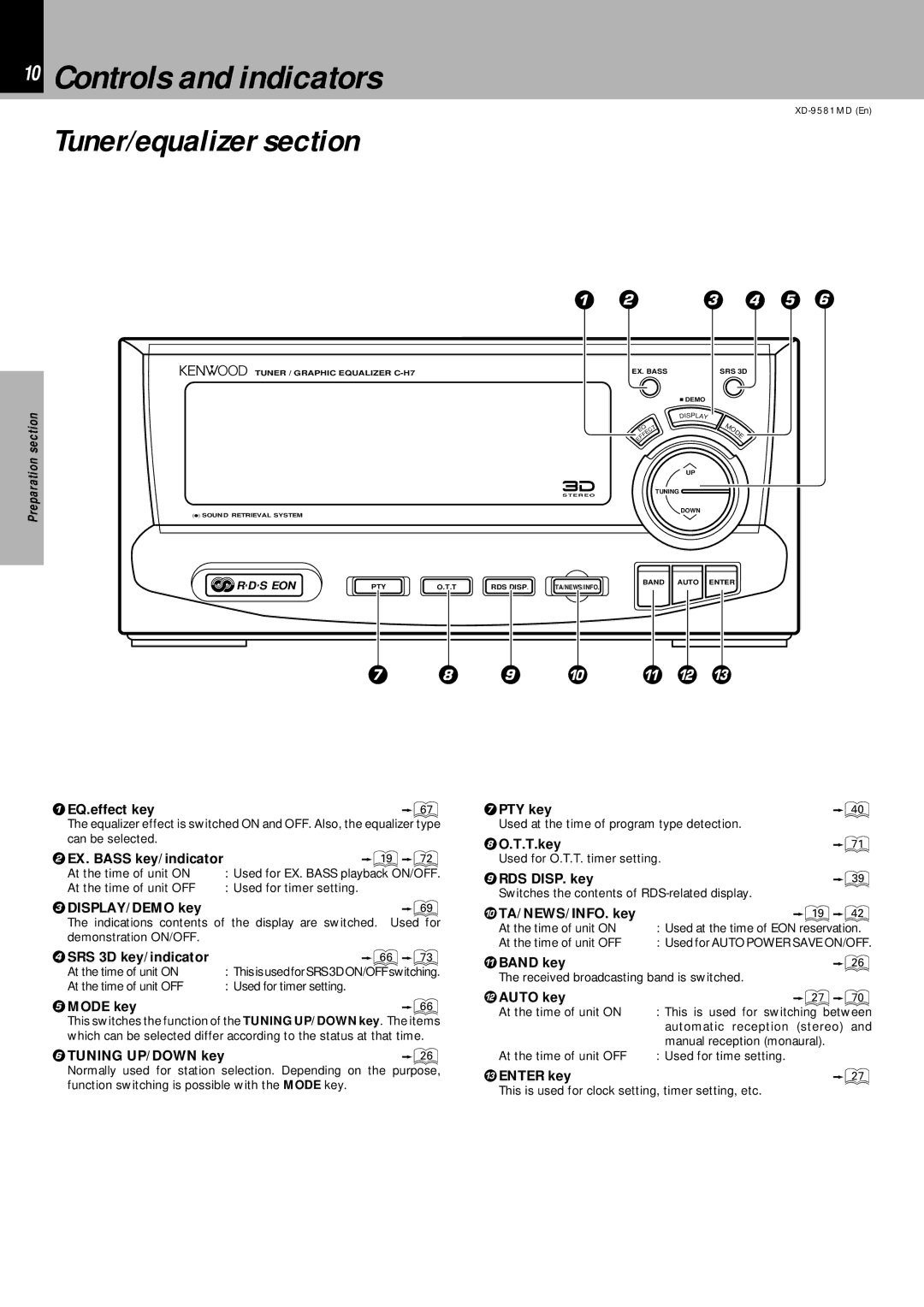 Kenwood XD-9581MD instruction manual Controls and indicators, Tuner/equalizer section 