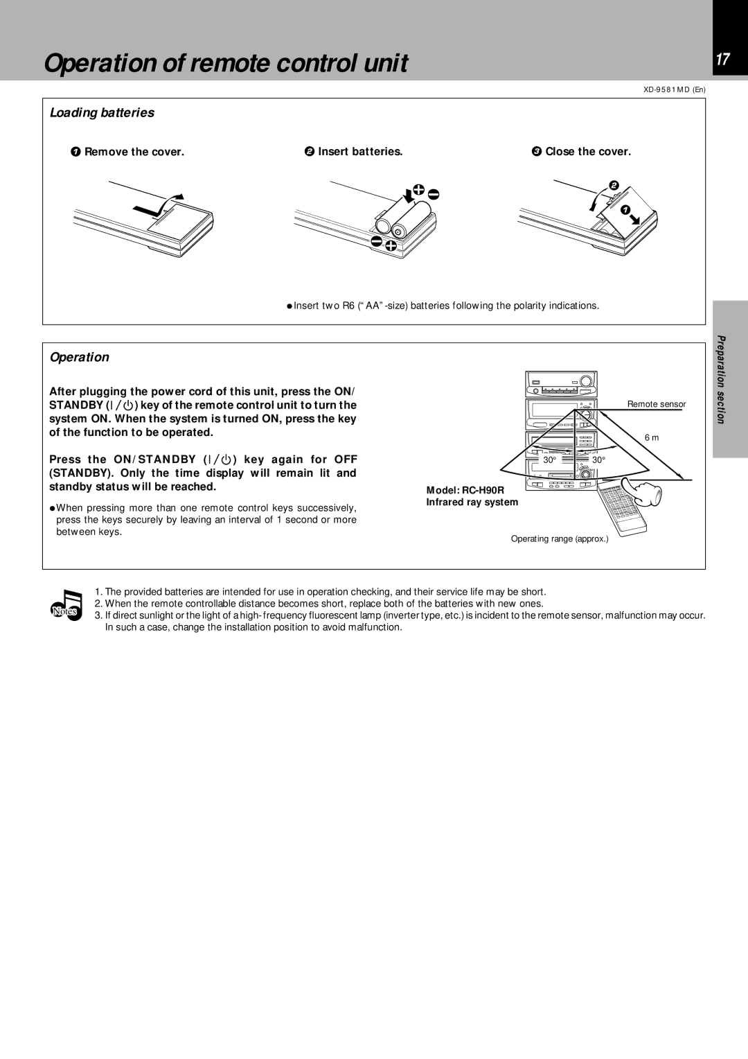 Kenwood XD-9581MD Operation of remote control unit, Loading batteries, Remove the cover Insert batteries Close the cover 