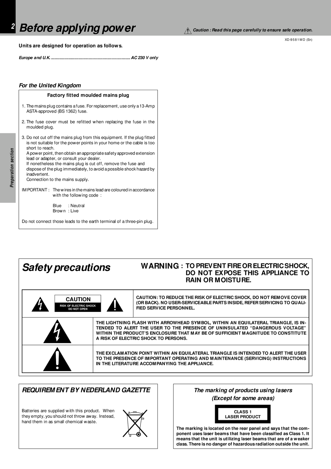 Kenwood XD-9581MD instruction manual Before applying power, Safety precautions, For the United Kingdom, Class Laser Product 