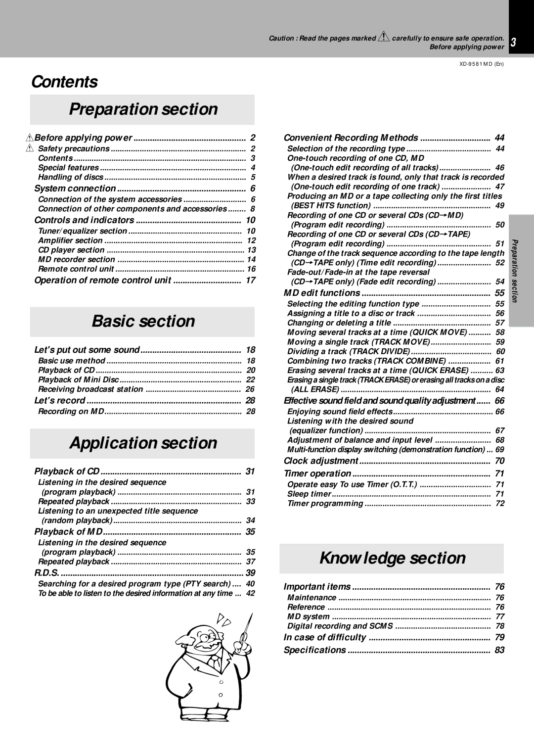 Kenwood XD-9581MD instruction manual Contents, Knowledge section 