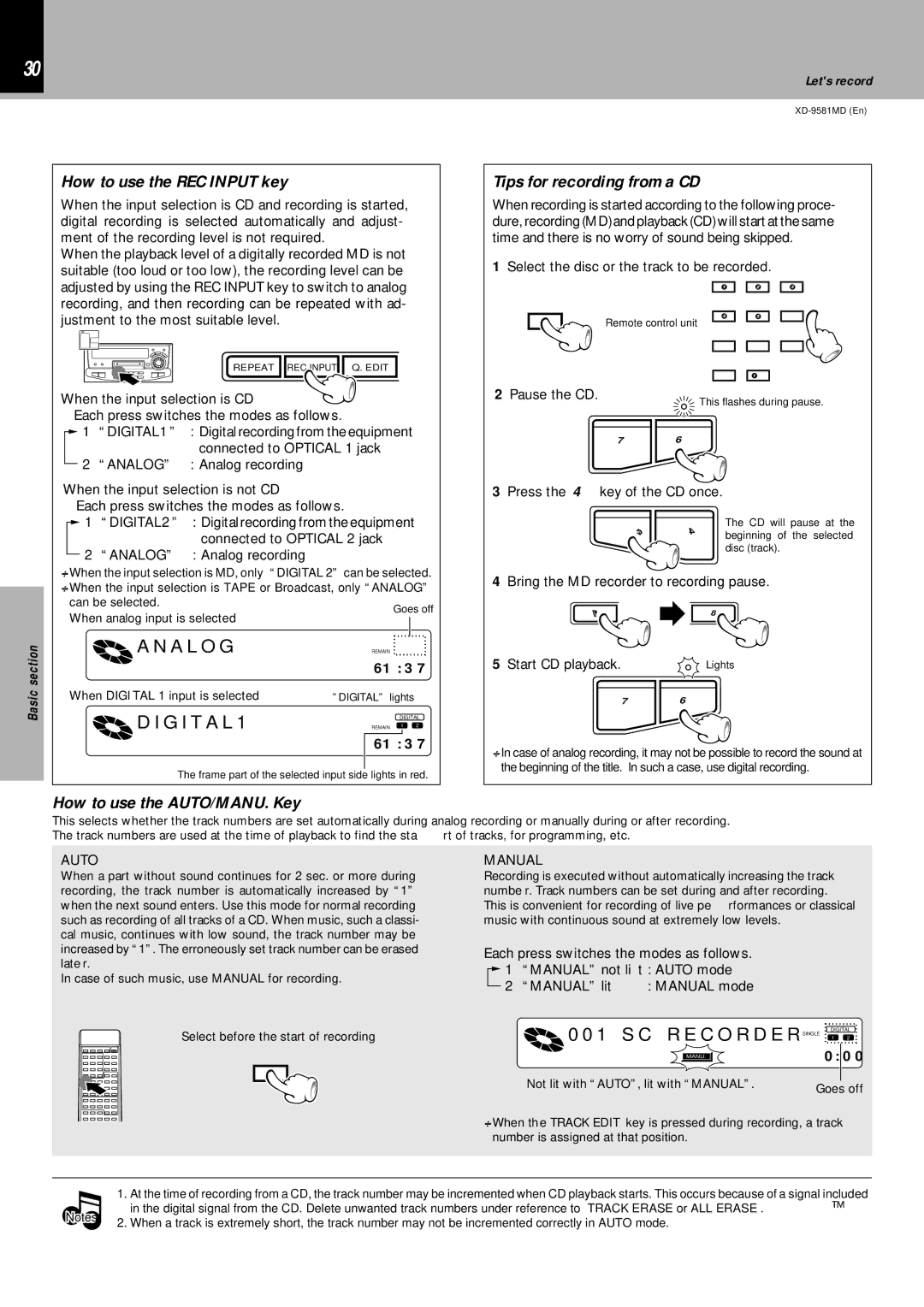 Kenwood XD-9581MD How to use the REC Input key, Tips for recording from a CD, How to use the AUTO/MANU. Key 