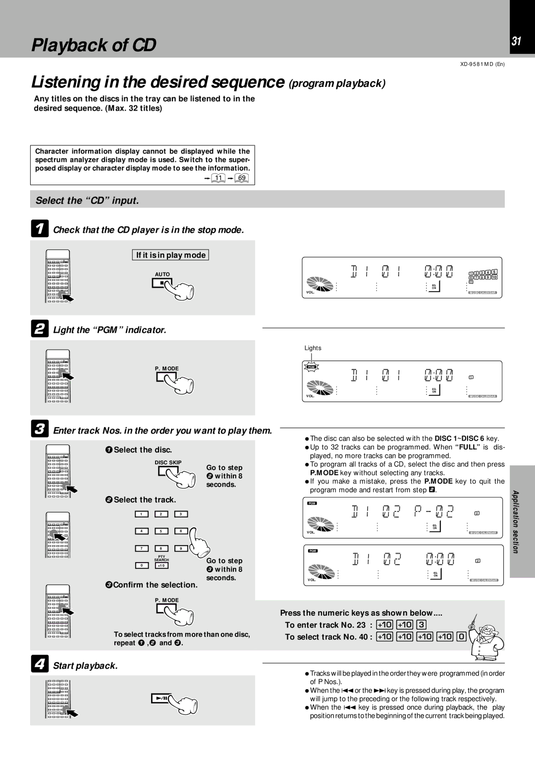 Kenwood XD-9581MD instruction manual Playback of CD, Listening in the desired sequence program playback 