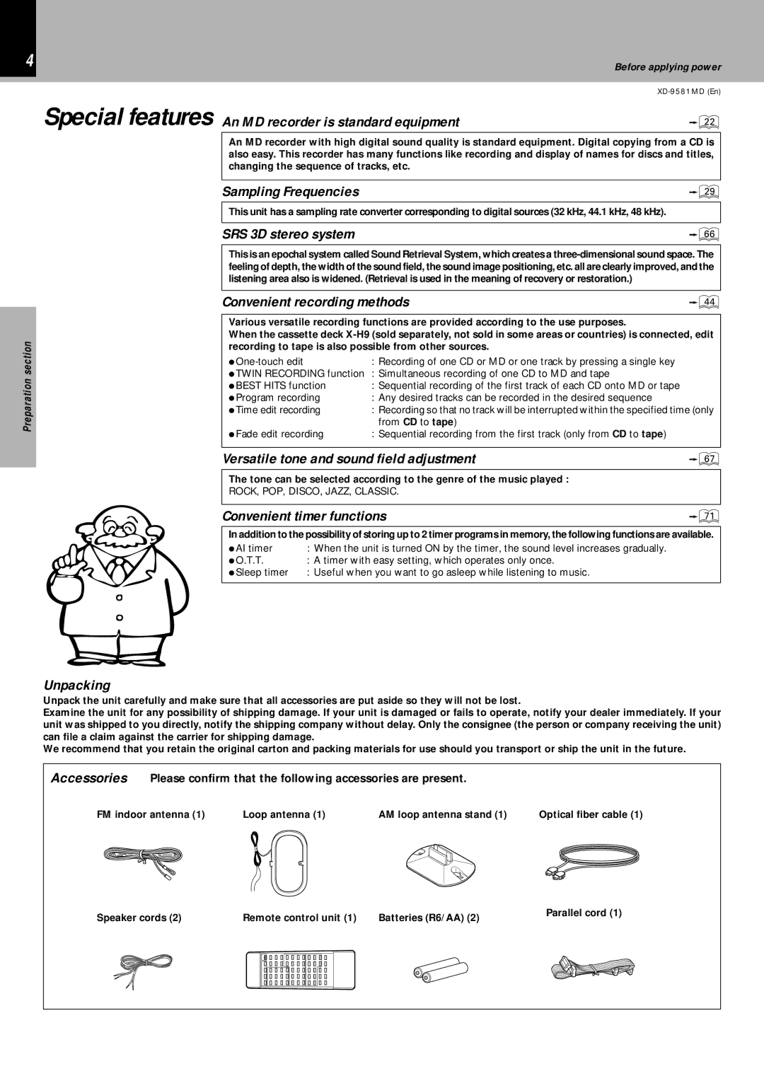 Kenwood XD-9581MD Special features An MD recorder is standard equipment, Sampling Frequencies, SRS 3D stereo system 