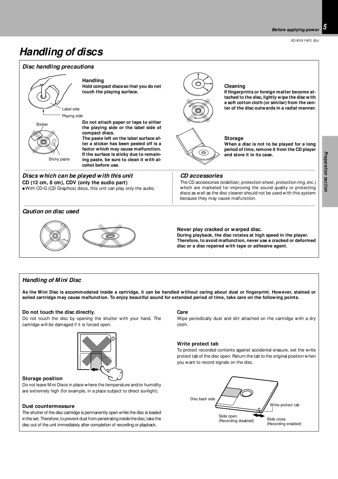 Kenwood XD-9581MD instruction manual Handling of discs, Disc handling precautions, Handling of Mini Disc 