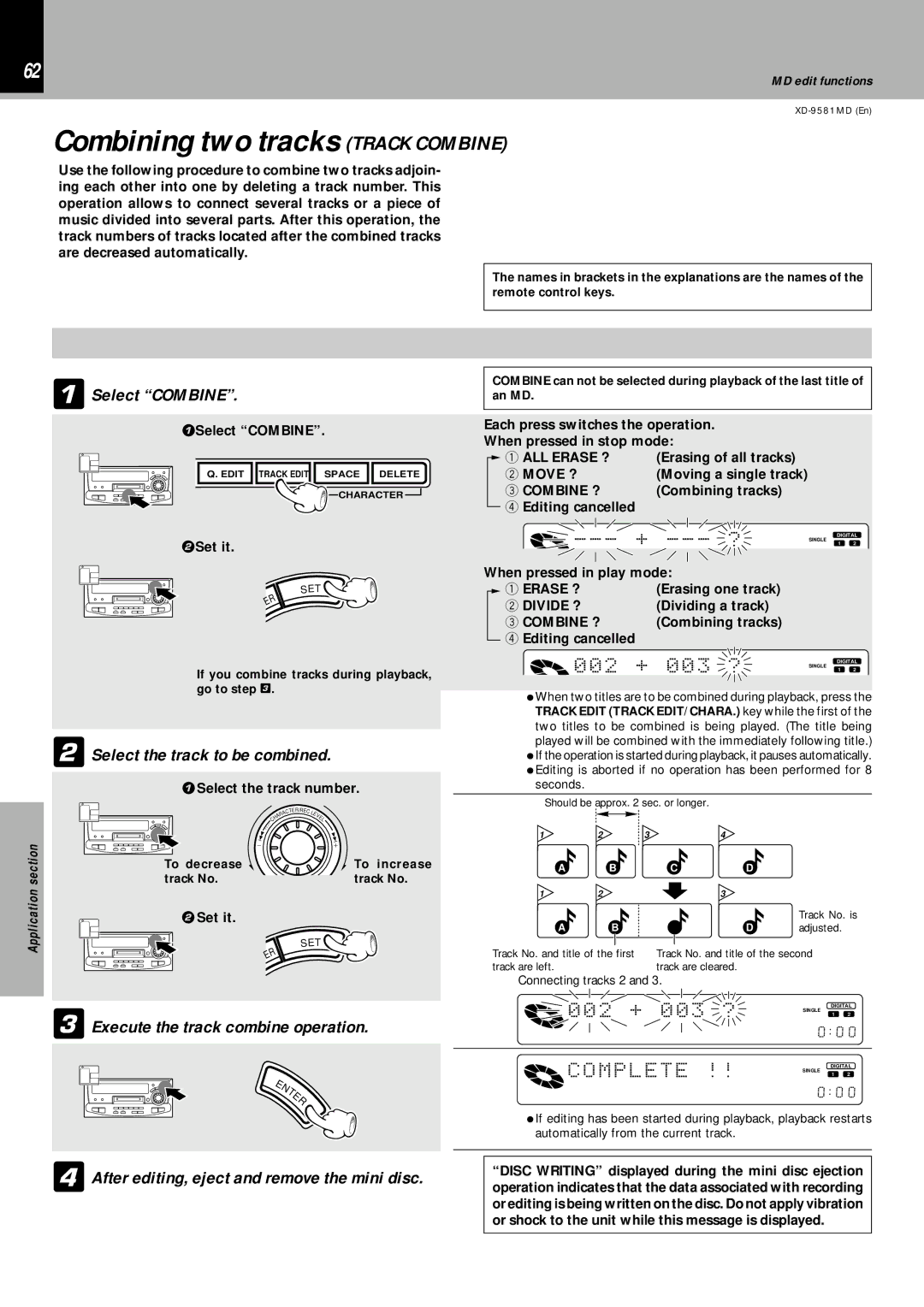 Kenwood XD-9581MD Combining two tracks Track Combine, Select Combine, 2Select the track to be combined, Erase ? 