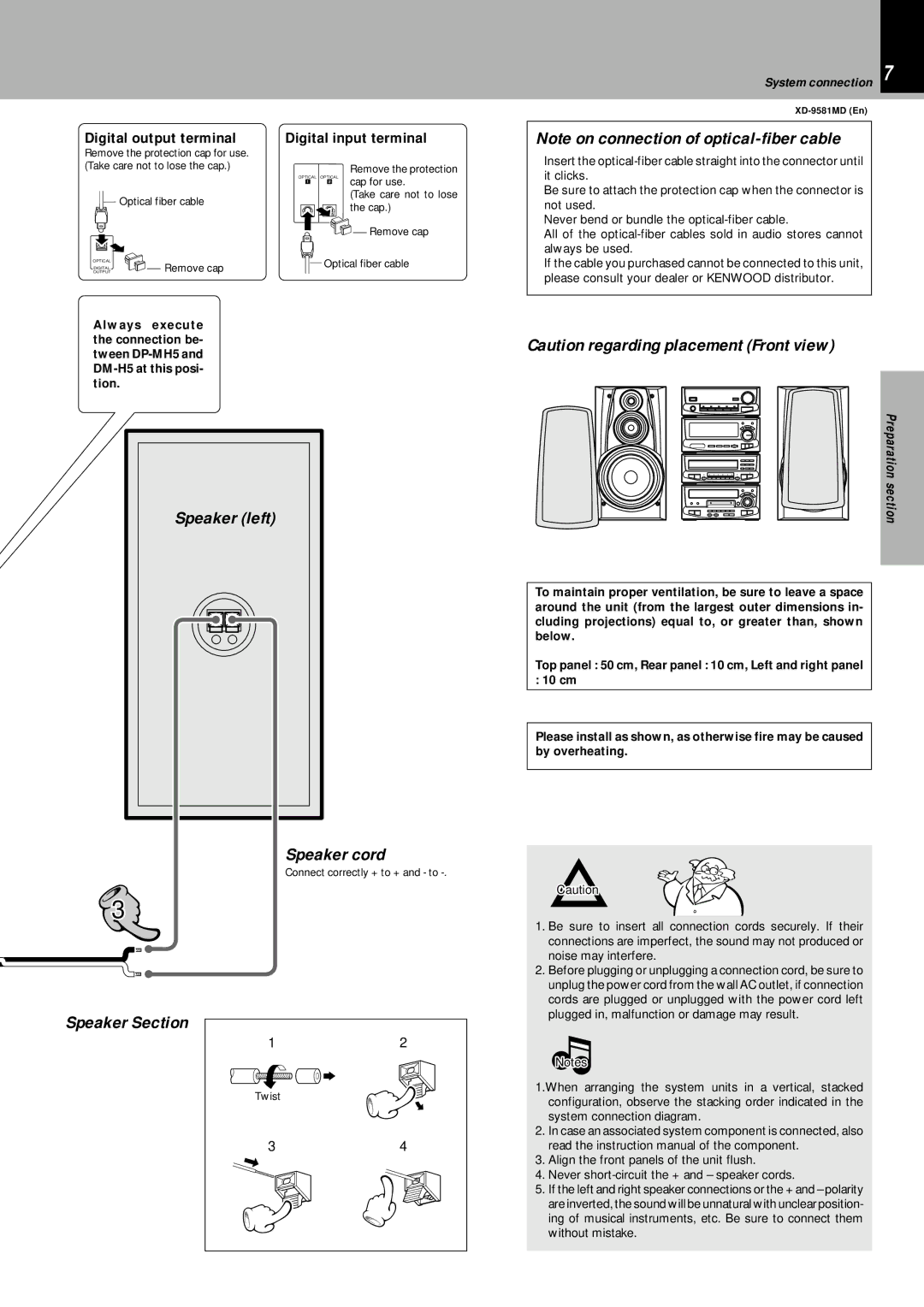 Kenwood XD-9581MD Speaker left, Speaker Section Speaker cord, Digital output terminal, Digital input terminal 