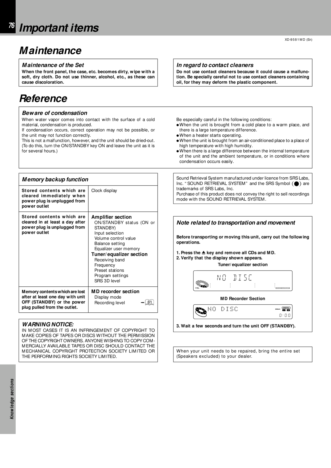 Kenwood XD-9581MD instruction manual Important items, Reference, Maintenance of the Set, Regard to contact cleaners 