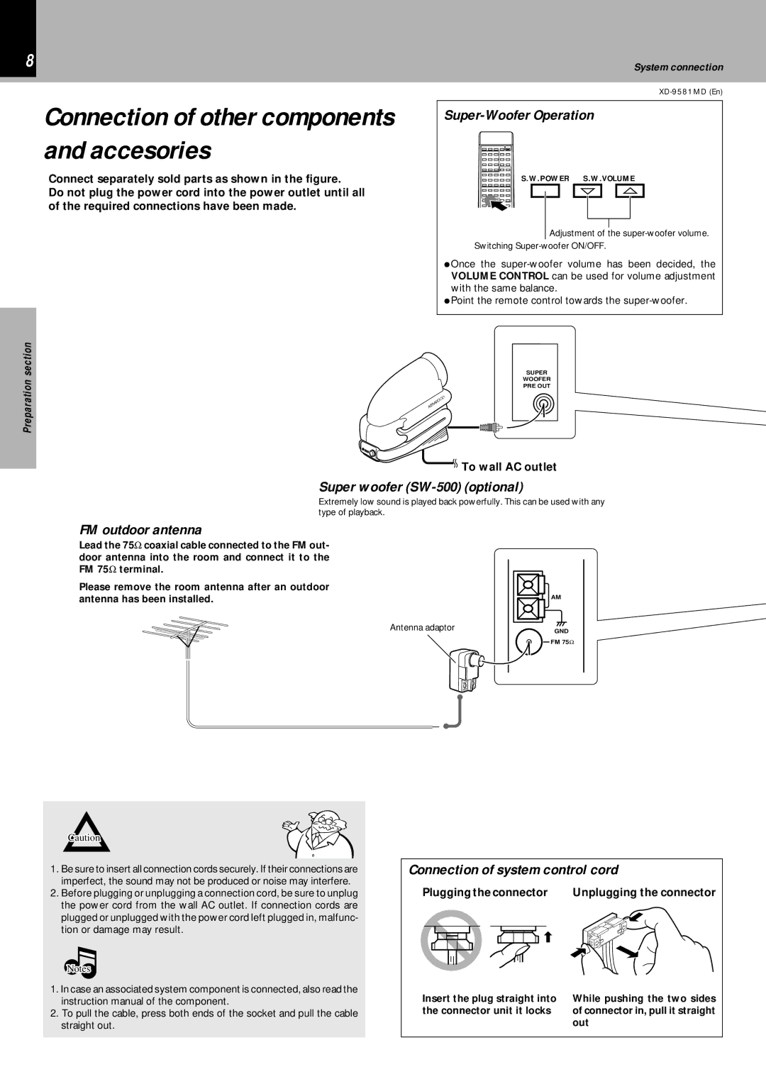 Kenwood XD-9581MD instruction manual Super-Woofer Operation, Super woofer SW-500 optional, FM outdoor antenna 