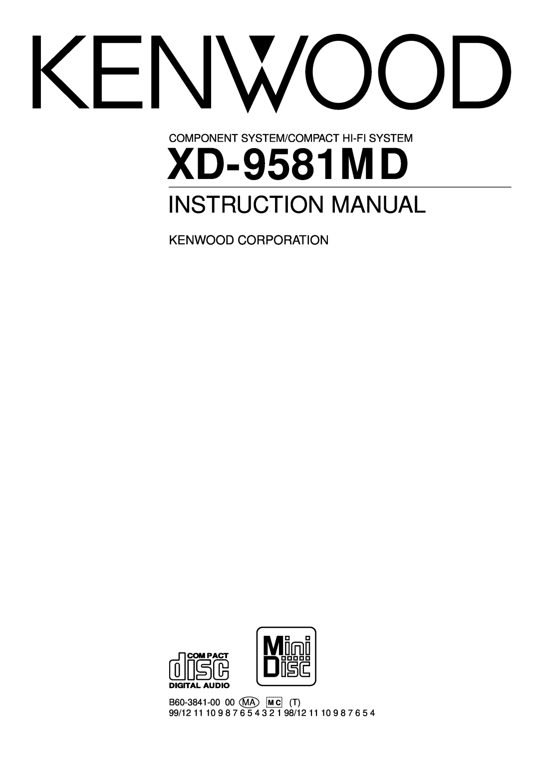 Kenwood XD-9581MD instruction manual Instruction Manual, Kenwood Corporation, Component System/Compact Hi-Fisystem 
