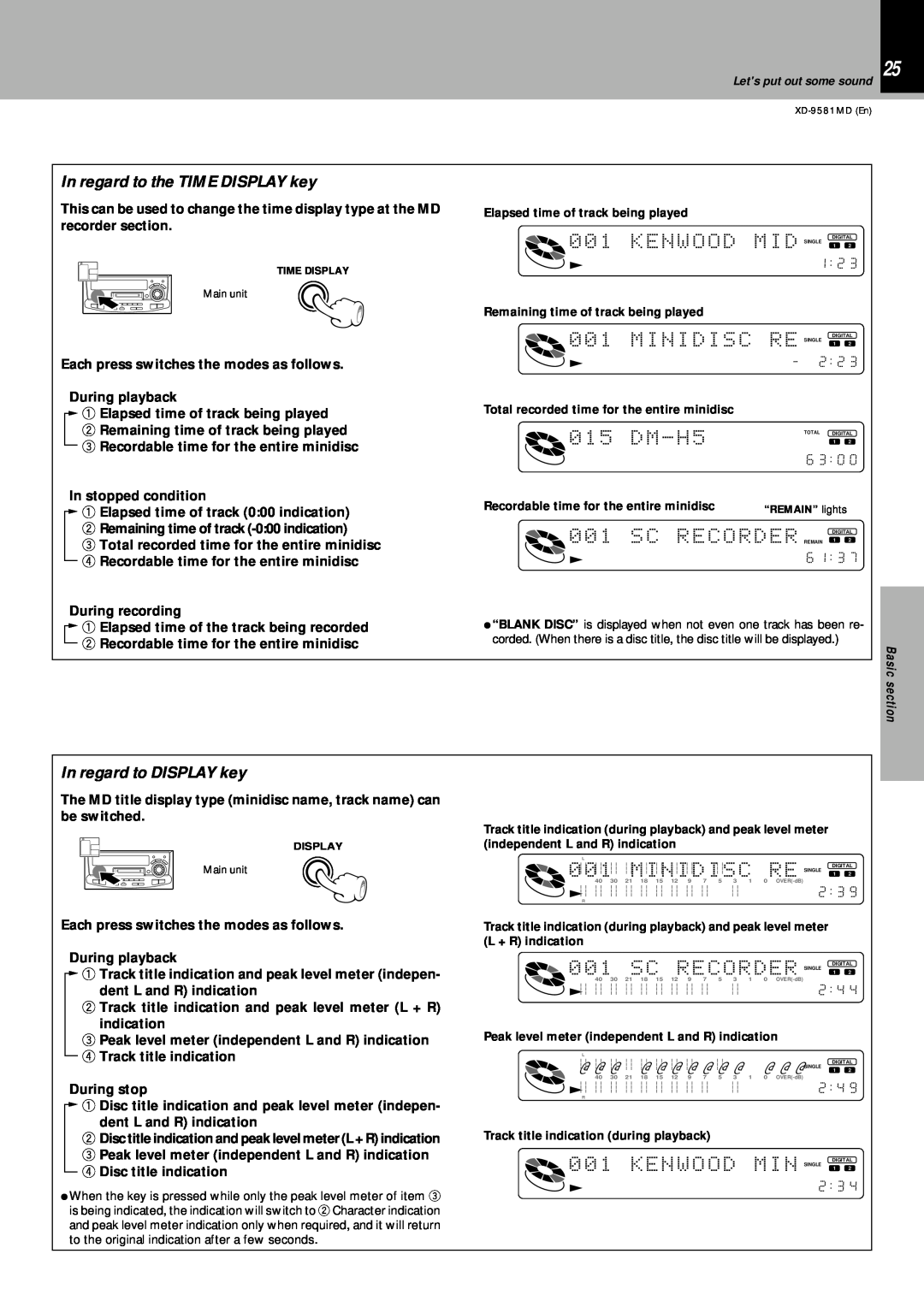Kenwood XD-9581MD instruction manual In regard to the TIME DISPLAY key, In regard to DISPLAY key 