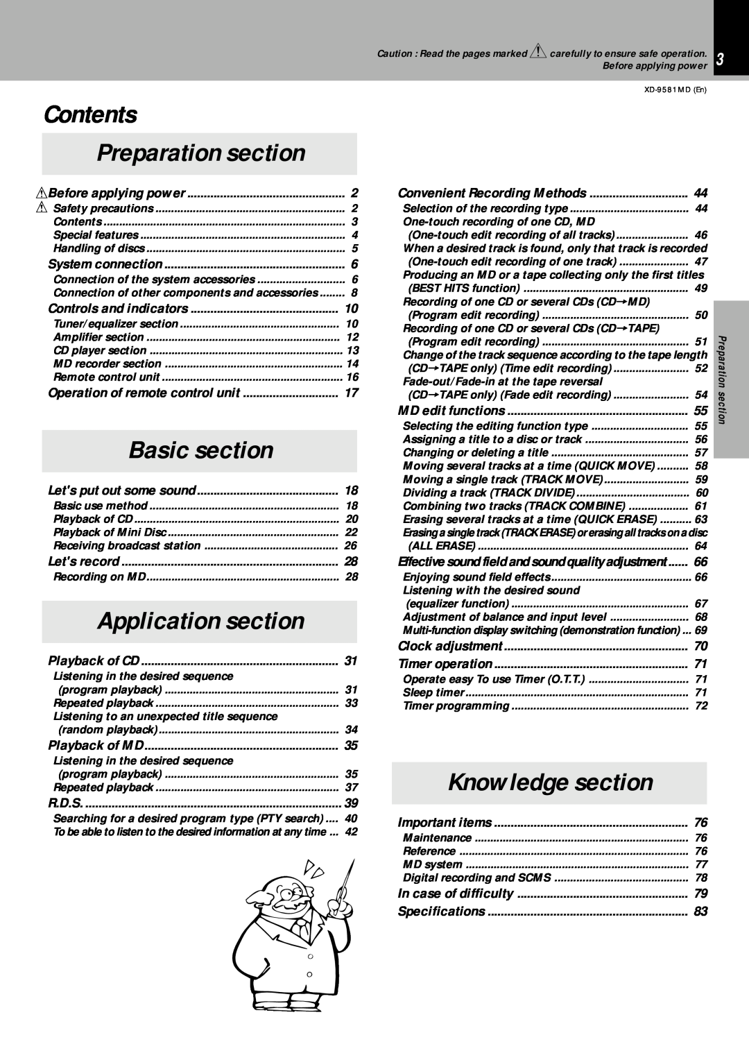 Kenwood XD-9581MD Contents, Knowledge section, Preparation section, Application section, Important items, Specifications 