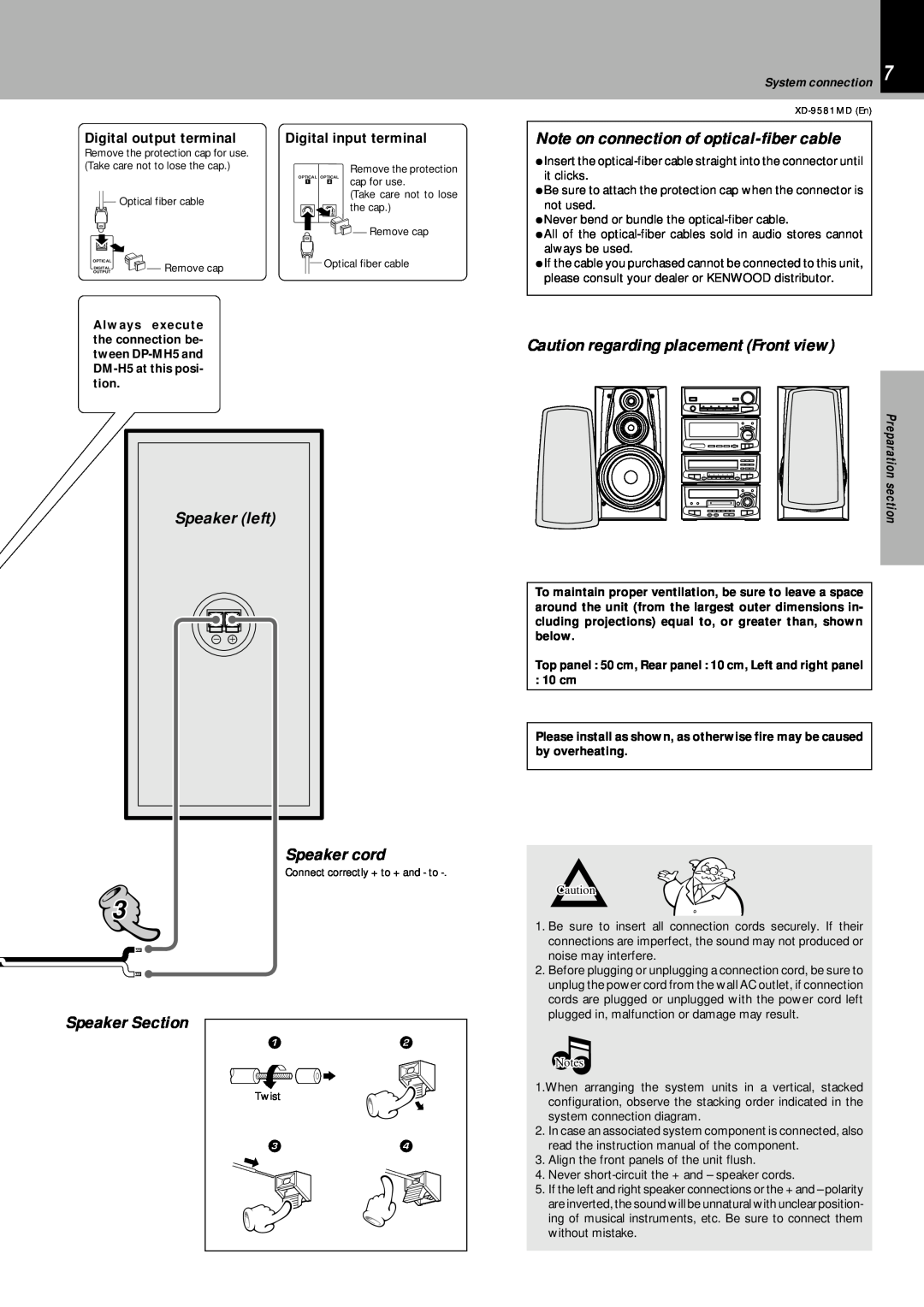 Kenwood XD-9581MD Note on connection of optical-fibercable, Caution regarding placement Front view, Speaker left 