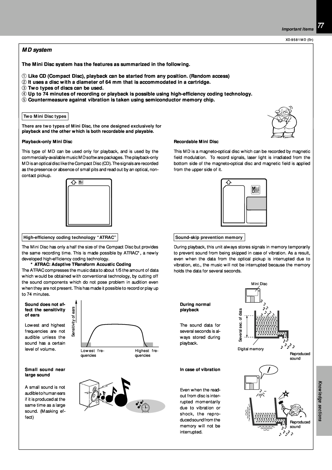 Kenwood XD-9581MD instruction manual MD system, In caseImportantof difficultyItems 