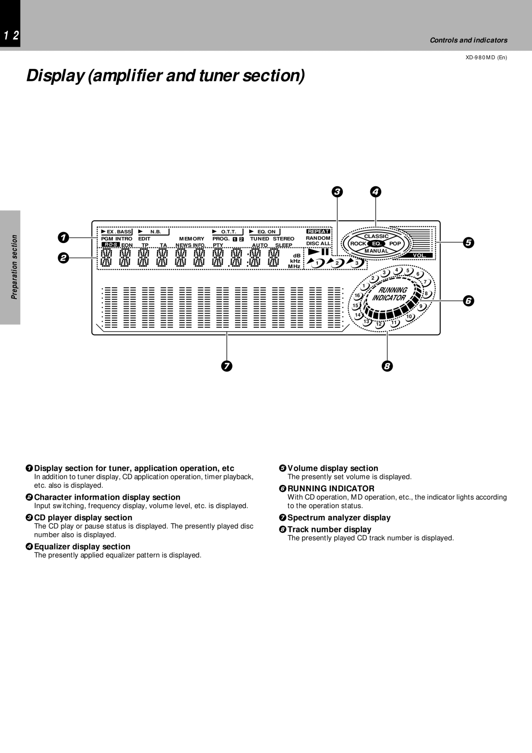 Kenwood XD-980MD instruction manual Display amplifier and tuner section, Running Indicator 