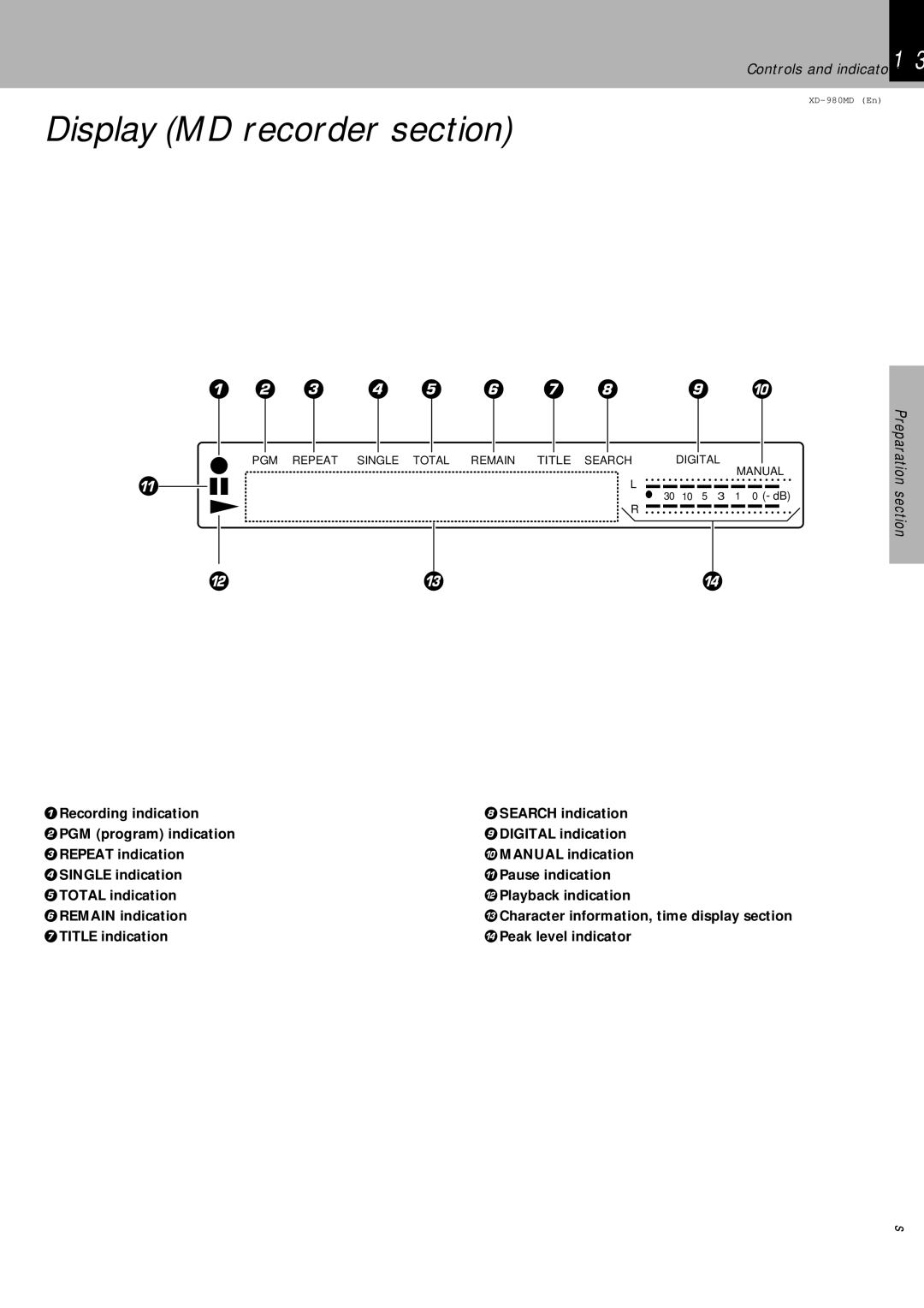 Kenwood XD-980MD instruction manual Display MD recorder section, Controls and indicators 1 