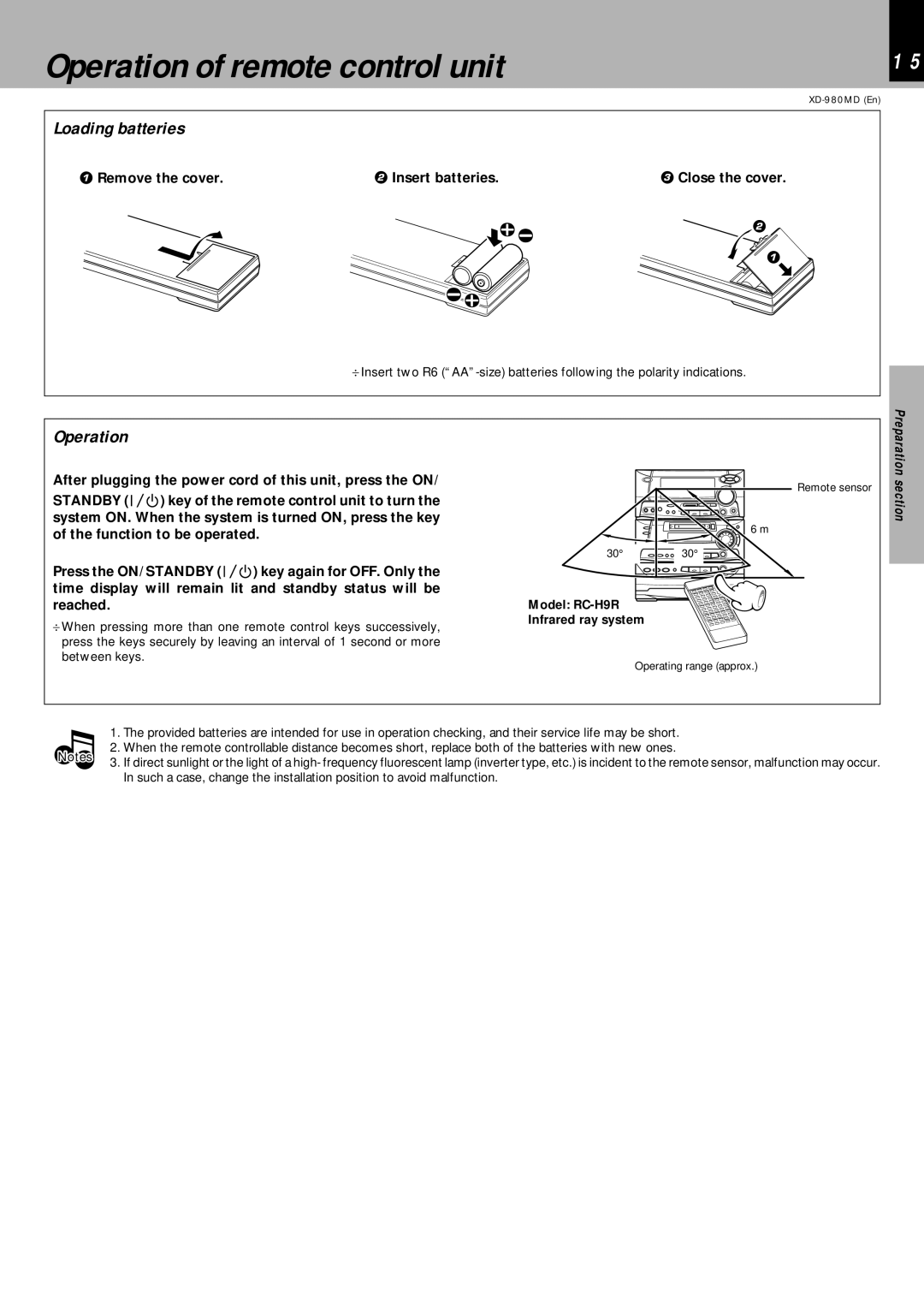 Kenwood XD-980MD Operation of remote control unit, Loading batteries, Remove the cover Insert batteries Close the cover 