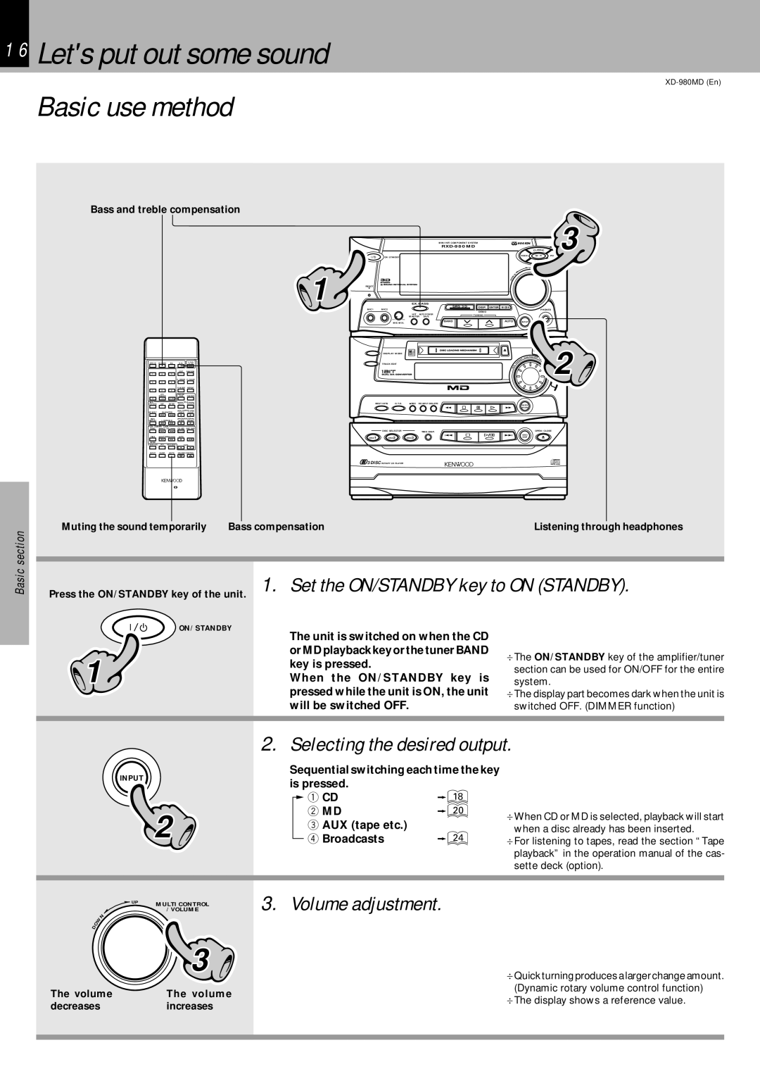 Kenwood XD-980MD Lets put out some sound, Basic use method, Selecting the desired output, Volume adjustment 