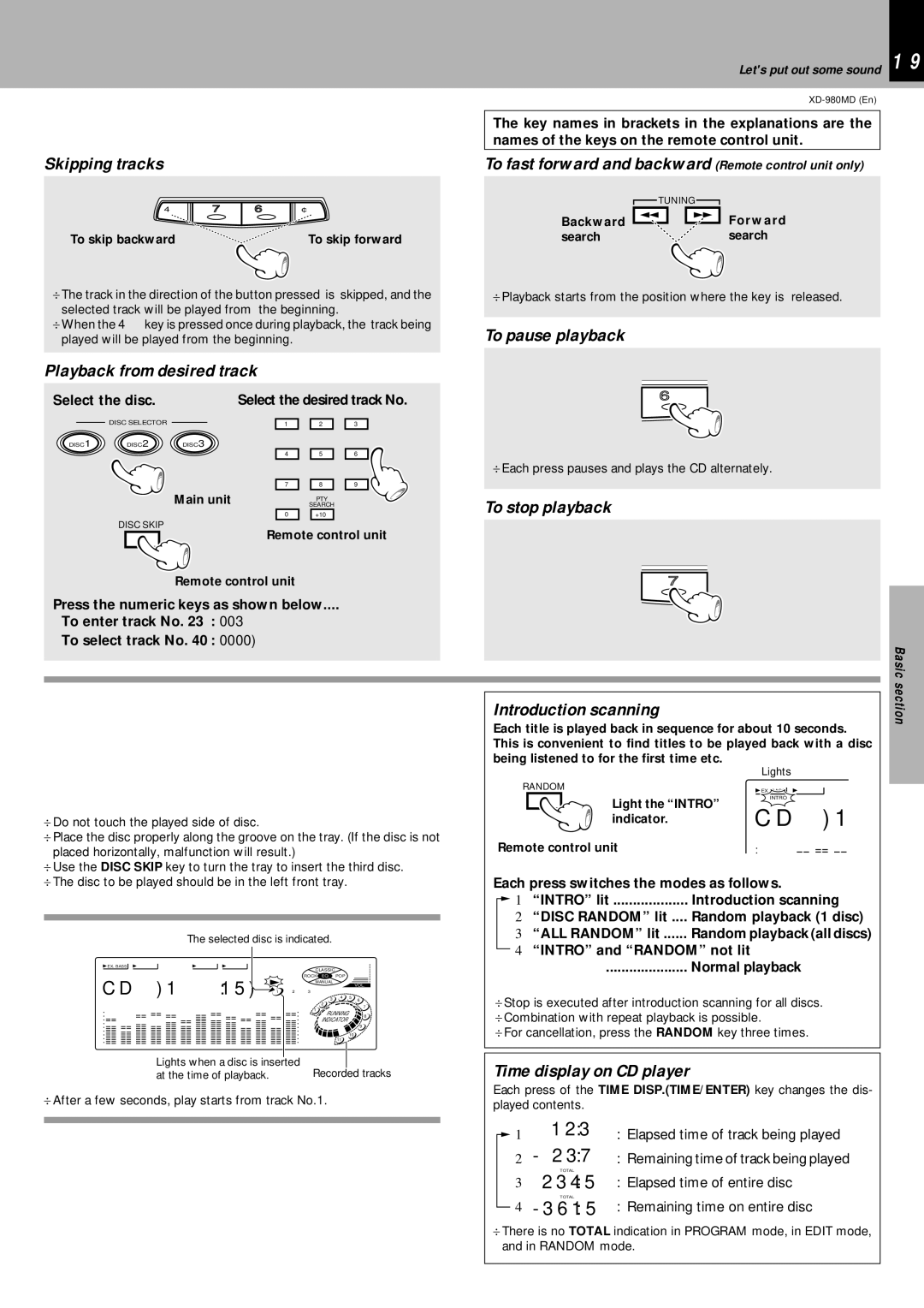 Kenwood XD-980MD Skipping tracks, Playback from desired track, To pause playback, To stop playback, Introduction scanning 