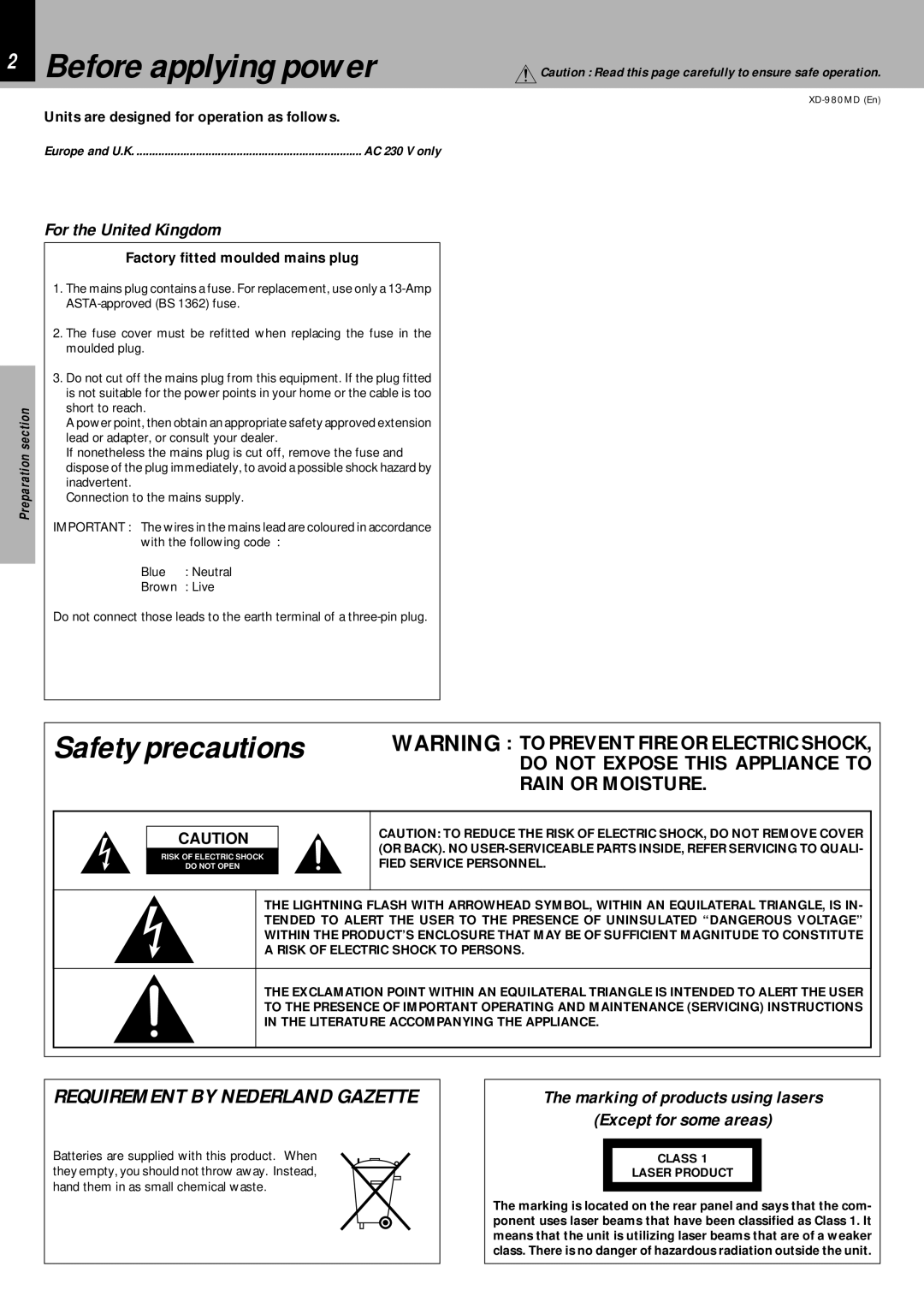 Kenwood XD-980MD instruction manual Before applying power, Safety precautions, For the United Kingdom, Class Laser Product 