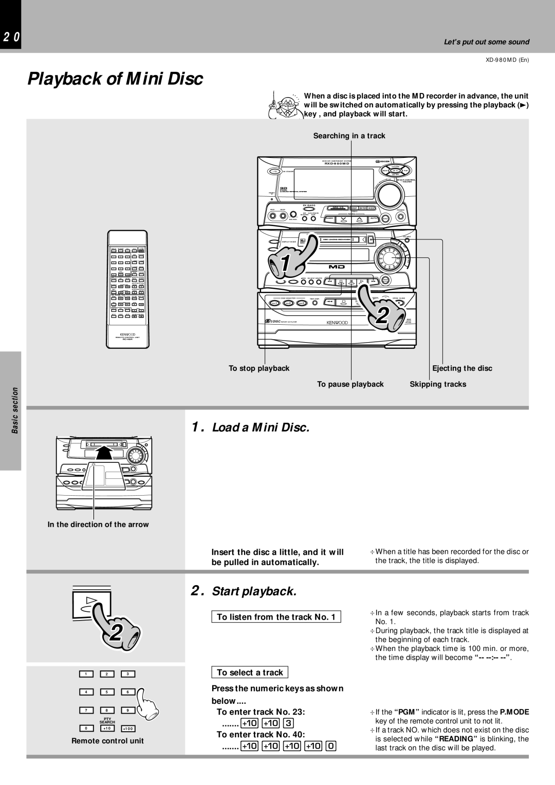 Kenwood XD-980MD instruction manual Playback of Mini Disc, Load a Mini Disc 