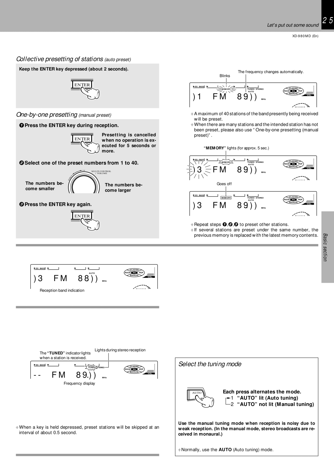 Kenwood XD-980MD M 8 MHz, Collective presetting of stations auto preset, One-by-one presetting manual preset 