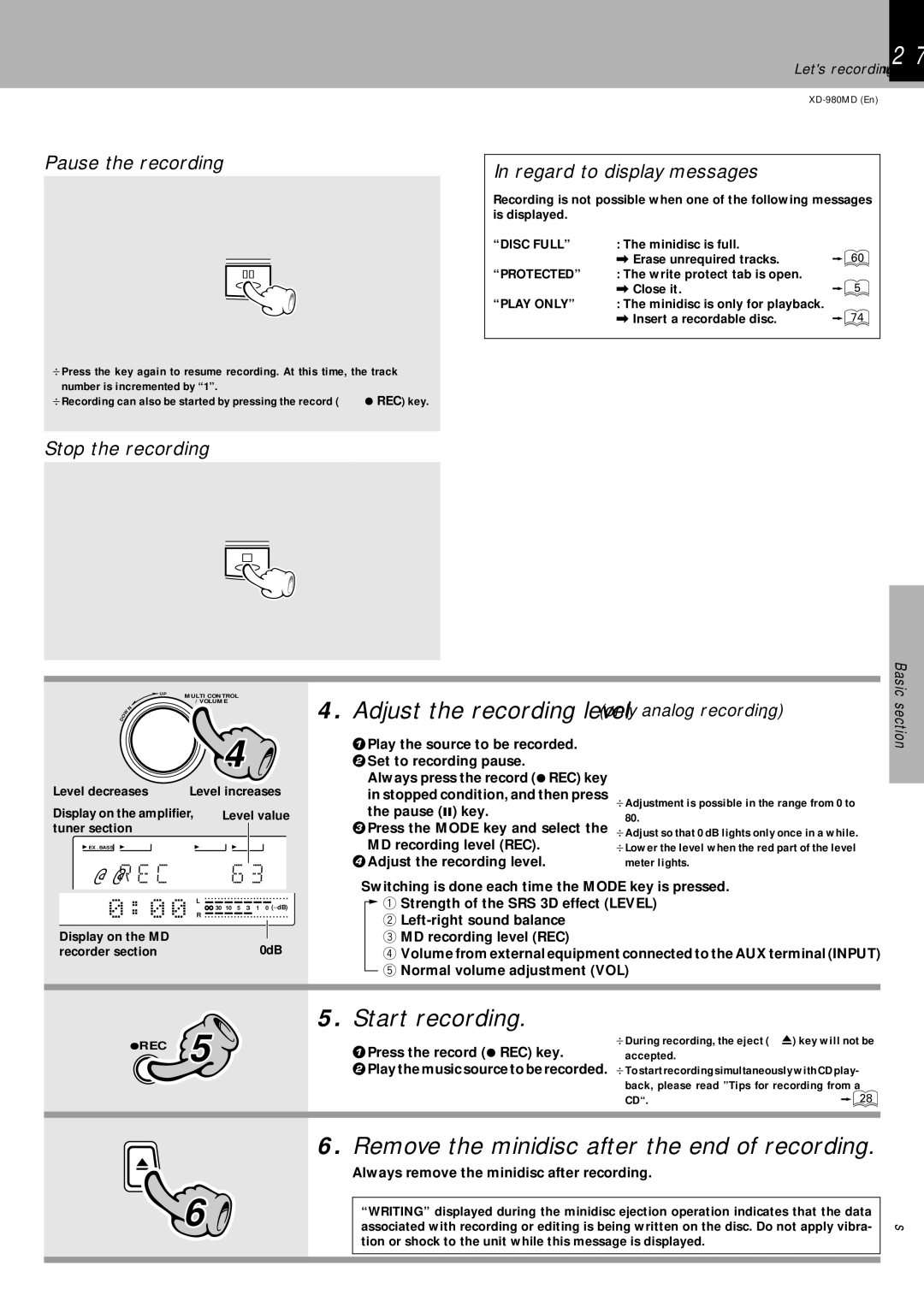 Kenwood XD-980MD instruction manual Start recording, Adjust the recording level only analog recording, Pause the recording 