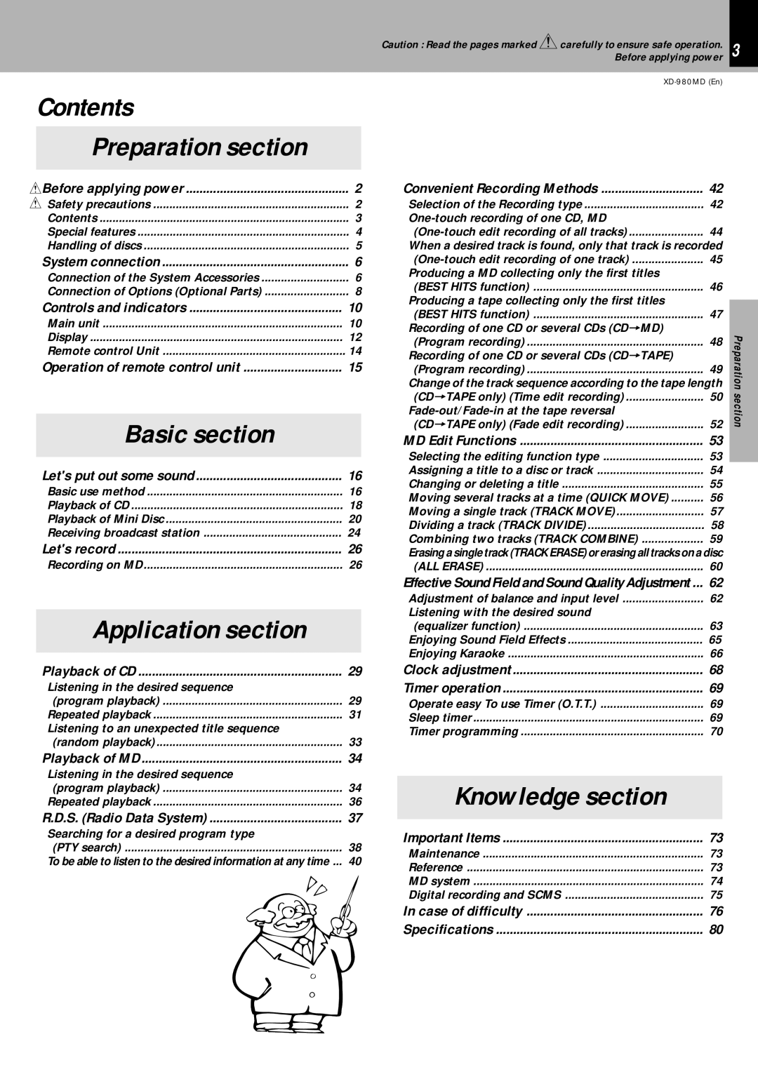 Kenwood XD-980MD instruction manual Contents, Knowledge section 