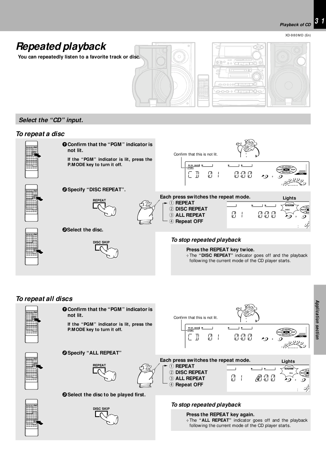 Kenwood XD-980MD Repeated playback, To repeat a disc, To repeat all discs, To stop repeated playback, Playback of CD 3 