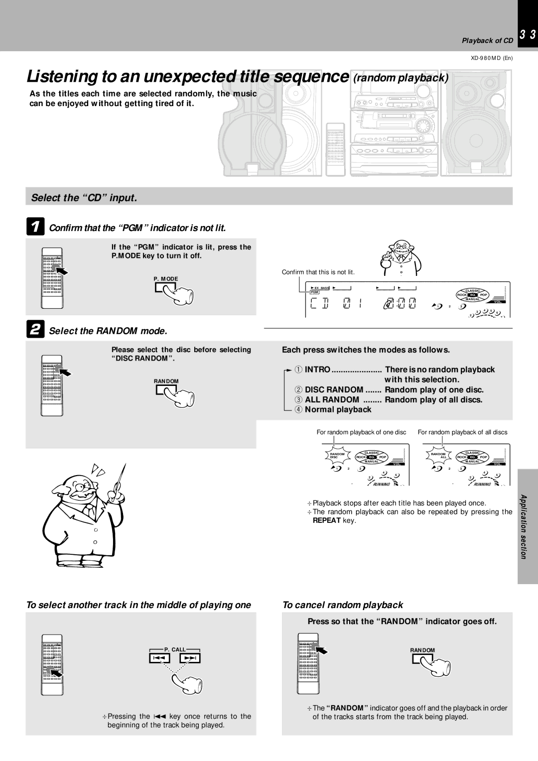 Kenwood XD-980MD Confirm that the PGM indicator is not lit, Select the Random mode, To cancel random playback 