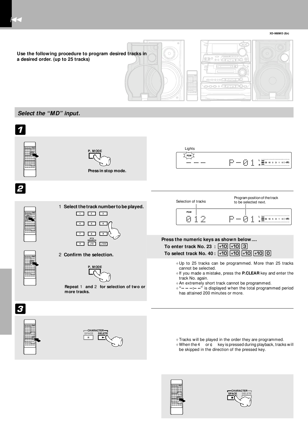 Kenwood XD-980MD Playback of MD, Listening in the desired sequence program playback, 1Let the PGM indicator light 