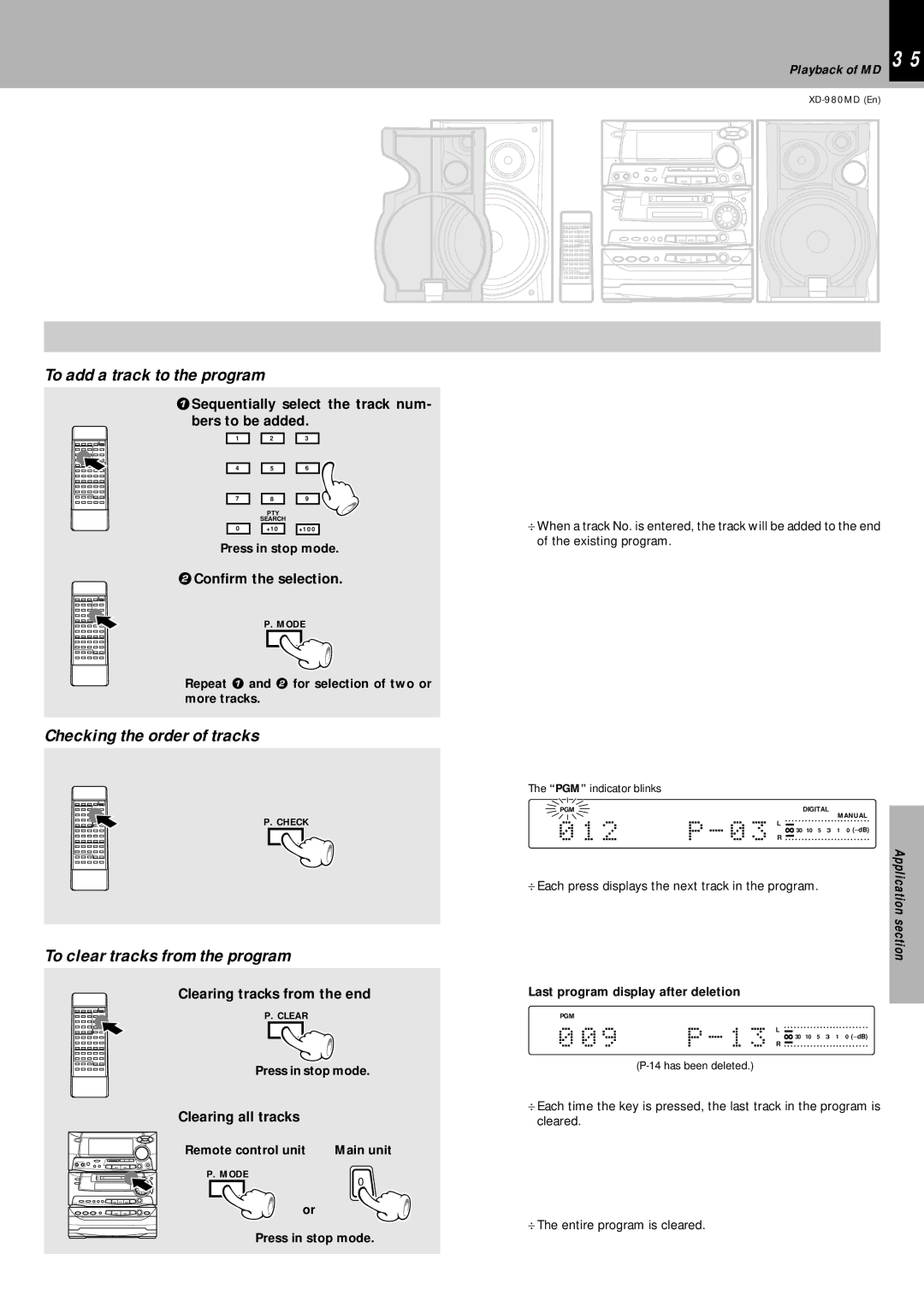 Kenwood XD-980MD instruction manual Checking the order of tracks, To clear tracks from the program, Playback of MD 3 