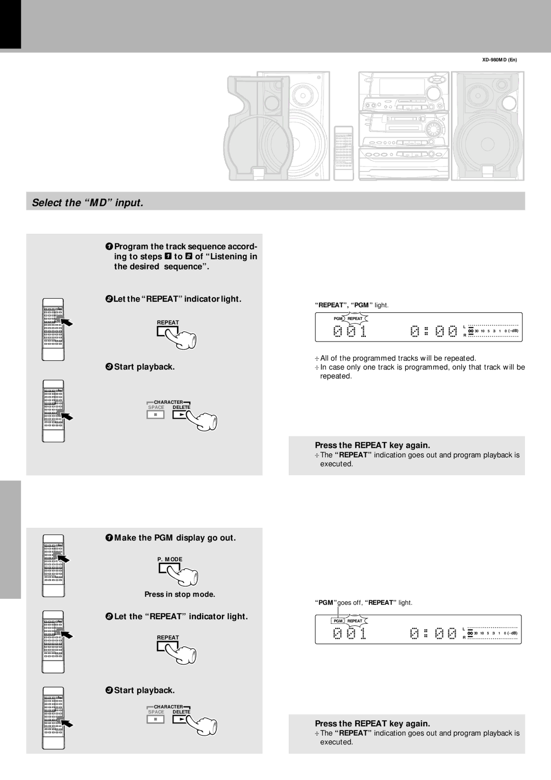 Kenwood XD-980MD instruction manual To repeat the entire disc, 1Make the PGM display go out, Let the Repeat indicator light 