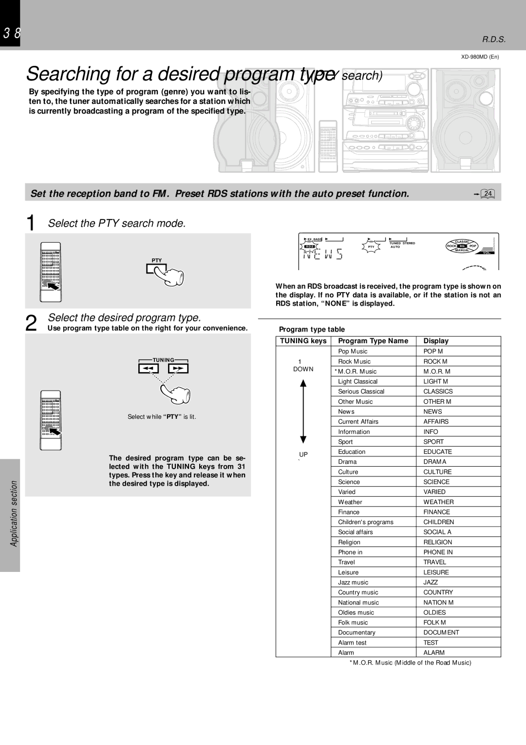 Kenwood XD-980MD instruction manual W s, Select the PTY search mode, 2Select the desired program type 