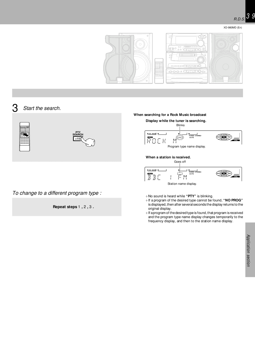 Kenwood XD-980MD Start the search, To change to a different program type, Repeat steps 1, 2, When a station is received 