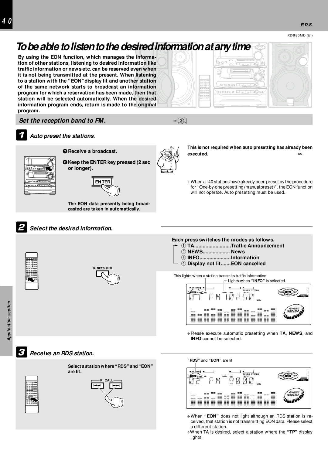 Kenwood XD-980MD M 9 . MHz, Auto preset the stations, Select the desired information, Receive an RDS station 