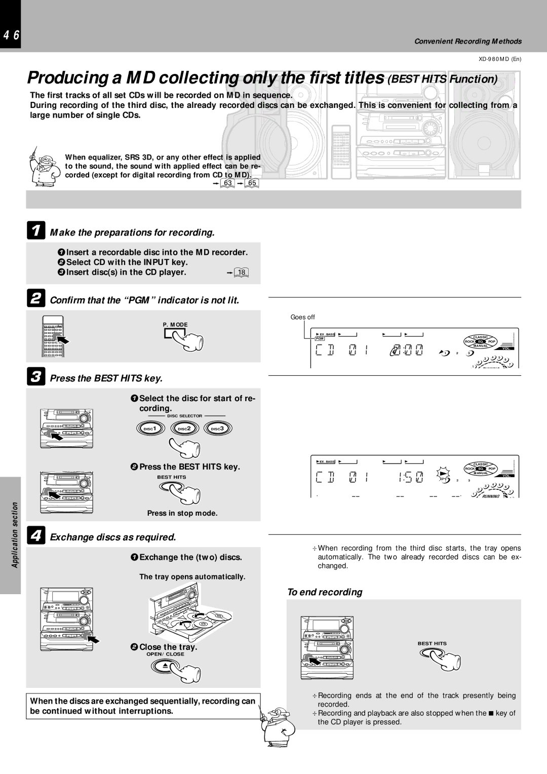 Kenwood XD-980MD instruction manual 1 1 5, Press the Best Hits key, 4Exchange discs as required, To end recording 