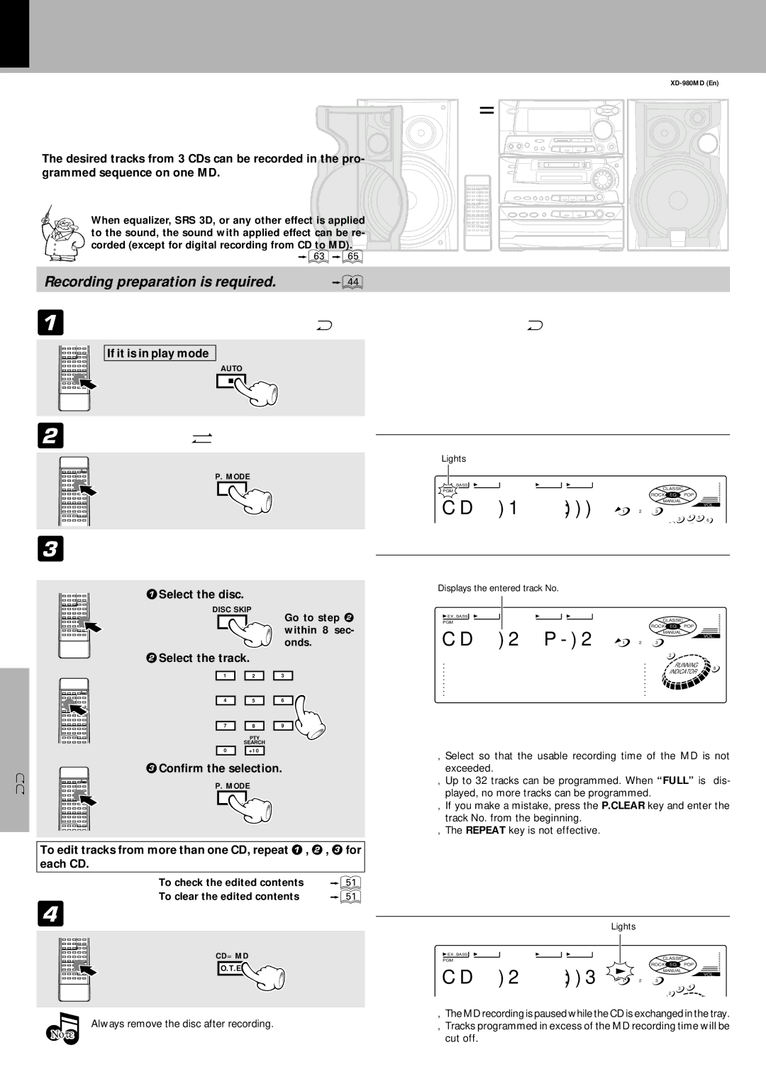 Kenwood XD-980MD instruction manual 2 3, Program recording, 4Start edit recording, Recording preparation is required 