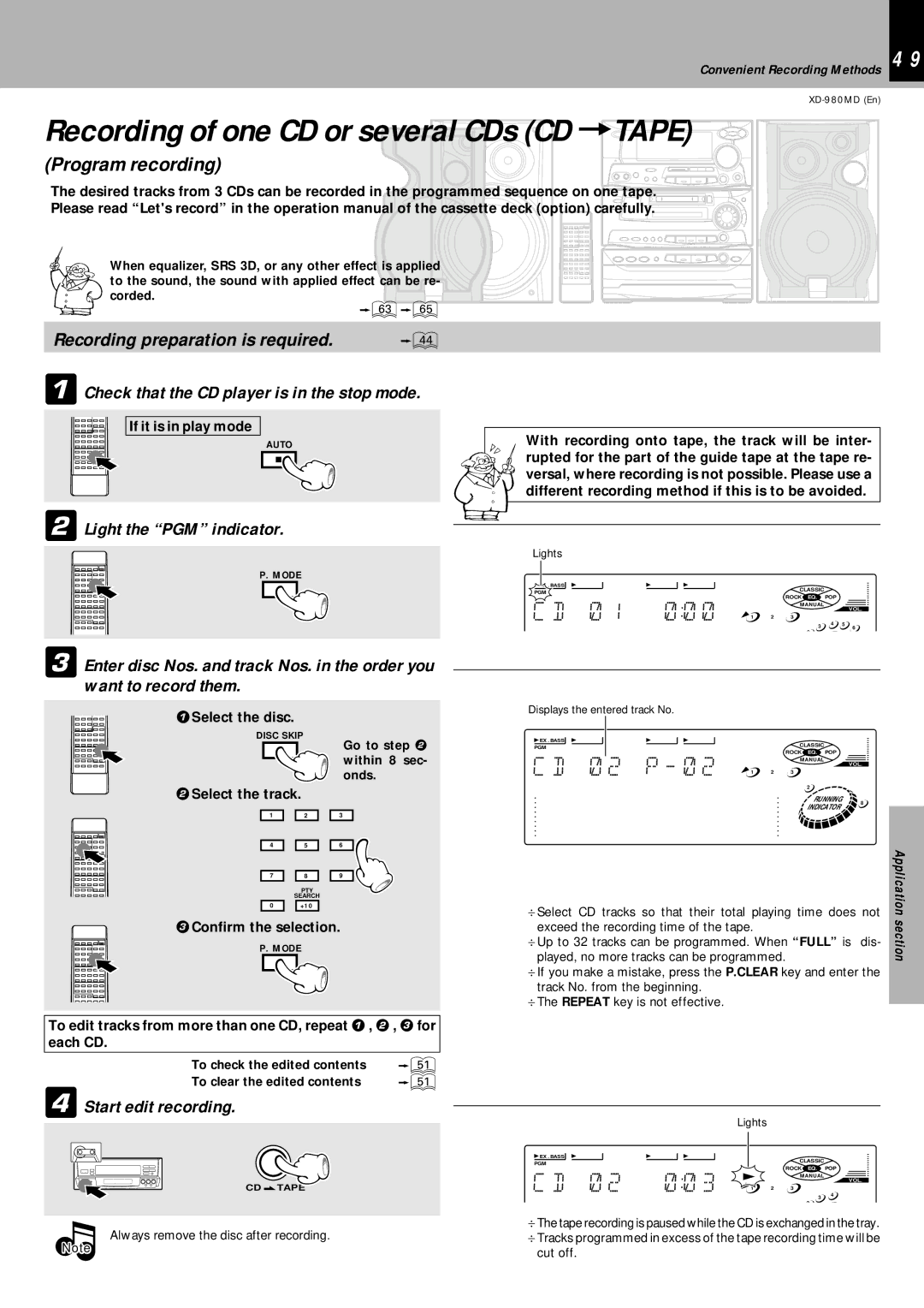 Kenwood XD-980MD instruction manual Recording of one CD or several CDs CD =TAPE 