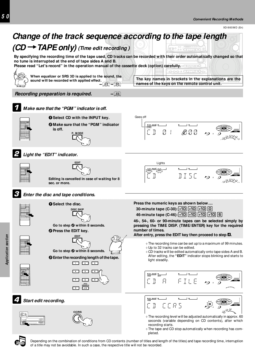 Kenwood XD-980MD instruction manual C C R s, CD =TAPE only Time edit recording 