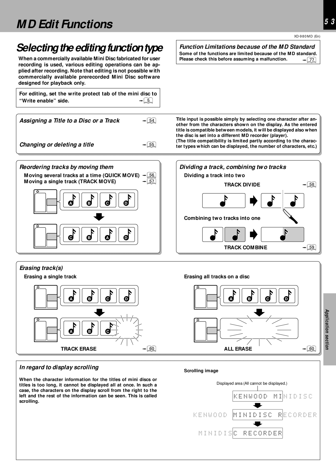 Kenwood XD-980MD MD Edit Functions, Dividing a track, combining two tracks, Erasing tracks, Regard to display scrolling 