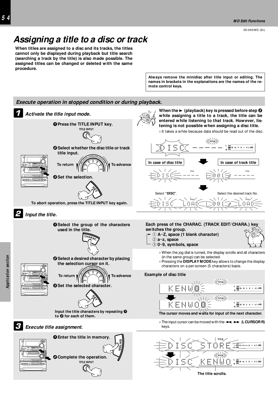 Kenwood XD-980MD instruction manual Assigning a title to a disc or track, 1Activate the title input mode, Input the title 