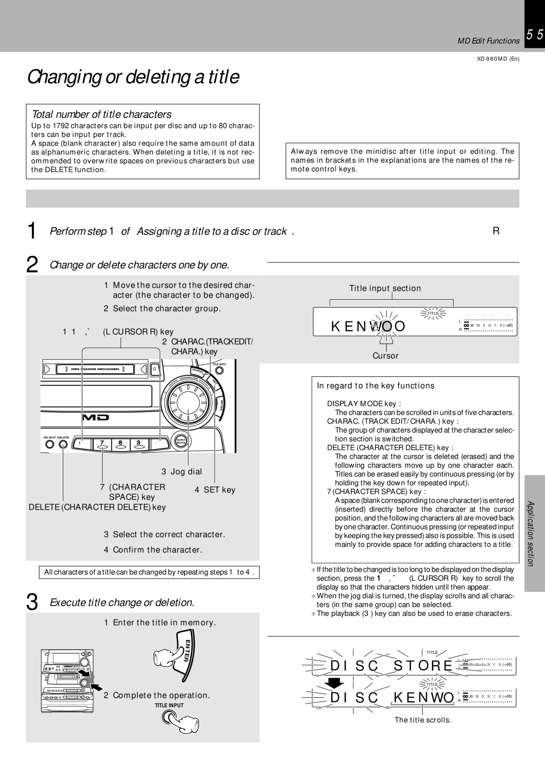 Kenwood XD-980MD Changing or deleting a title, Total number of title characters, Execute title change or deletion 