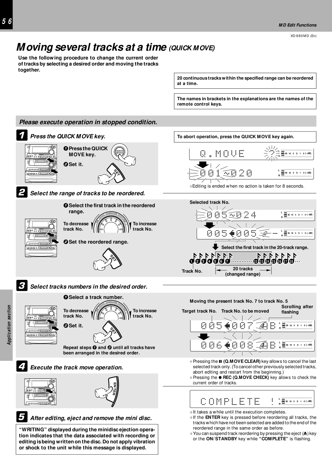 Kenwood XD-980MD Moving several tracks at a time Quick Move, Press the Quick Move key, Execute the track move operation 