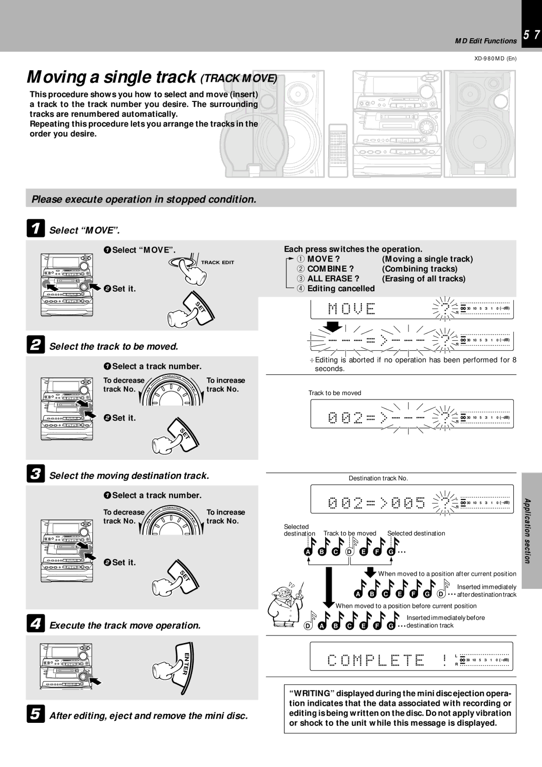 Kenwood XD-980MD instruction manual Moving a single track Track Move, Select Move, Select the track to be moved 