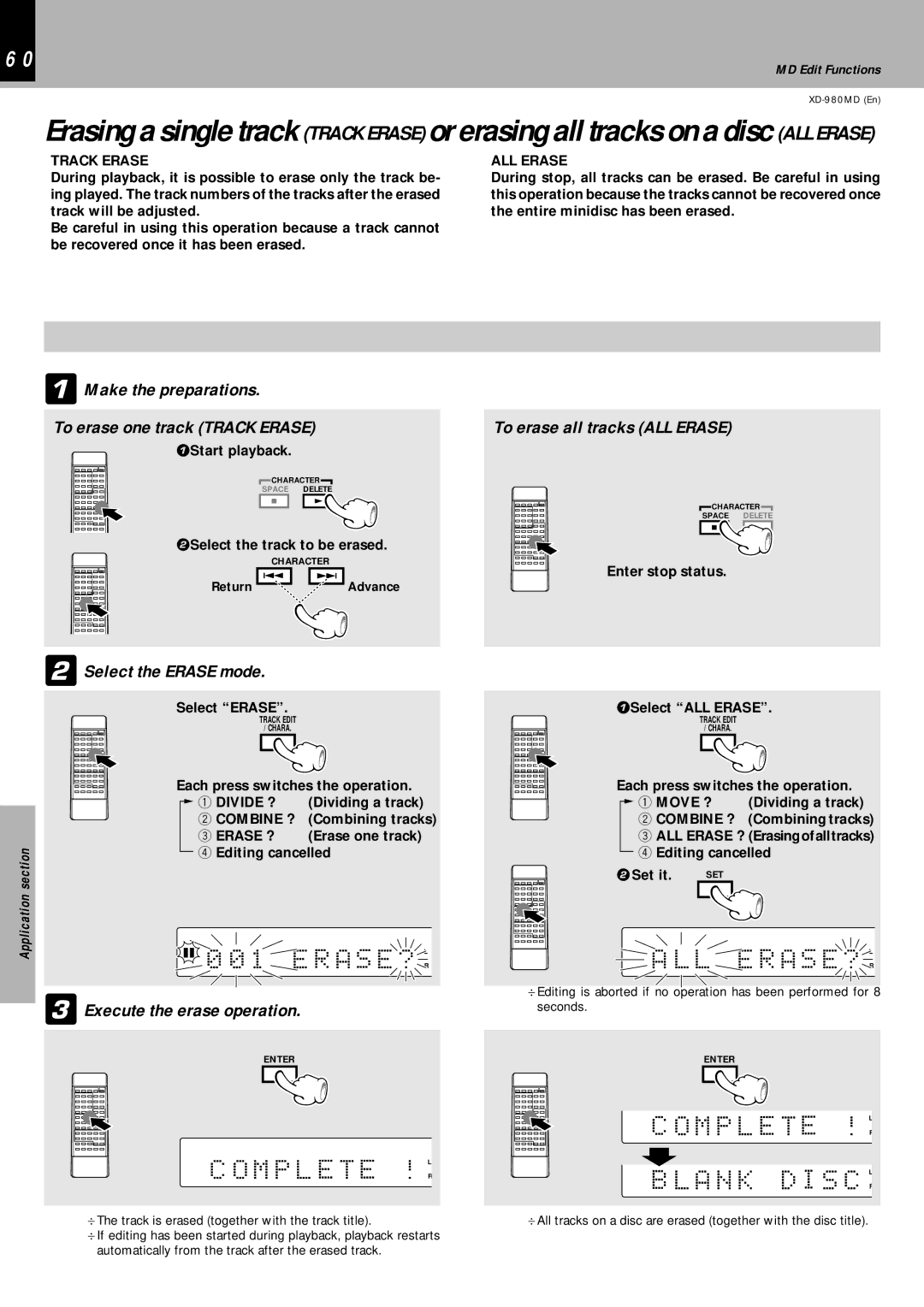 Kenwood XD-980MD instruction manual Make the preparations To erase one track Track Erase, To erase all tracks ALL Erase 