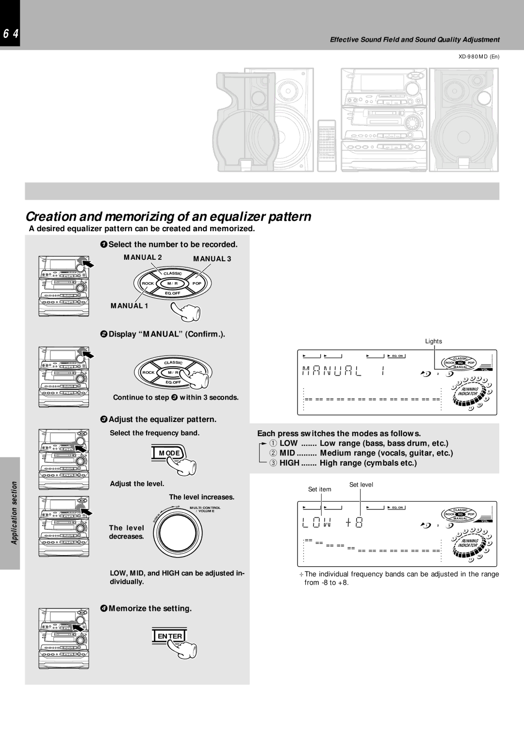 Kenwood XD-980MD Desired equalizer pattern can be created and memorized, Select the number to be recorded 