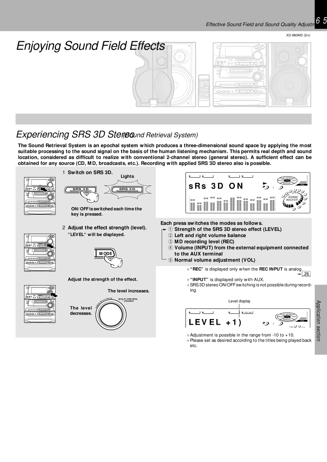 Kenwood XD-980MD Experiencing SRS 3D Stereo Sound Retrieval System, S 3 D O N, Adjust the effect strength level 