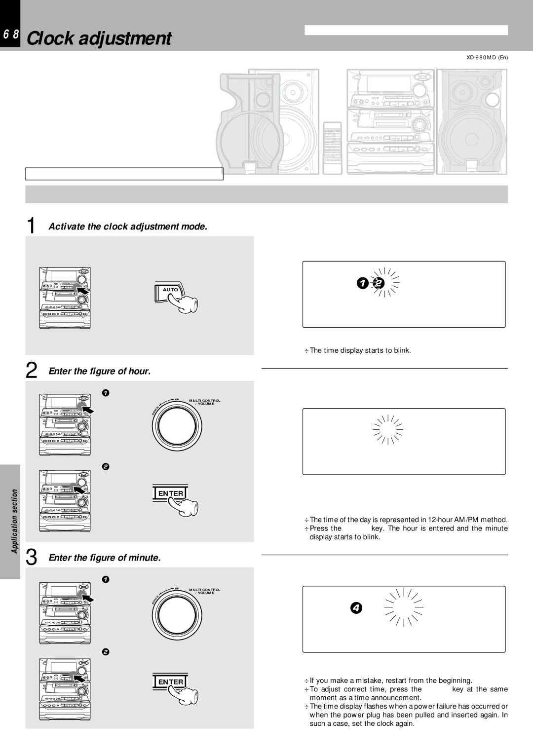 Kenwood XD-980MD instruction manual Clock adjustment, Activate the clock adjustment mode, Enter the figure of hour 