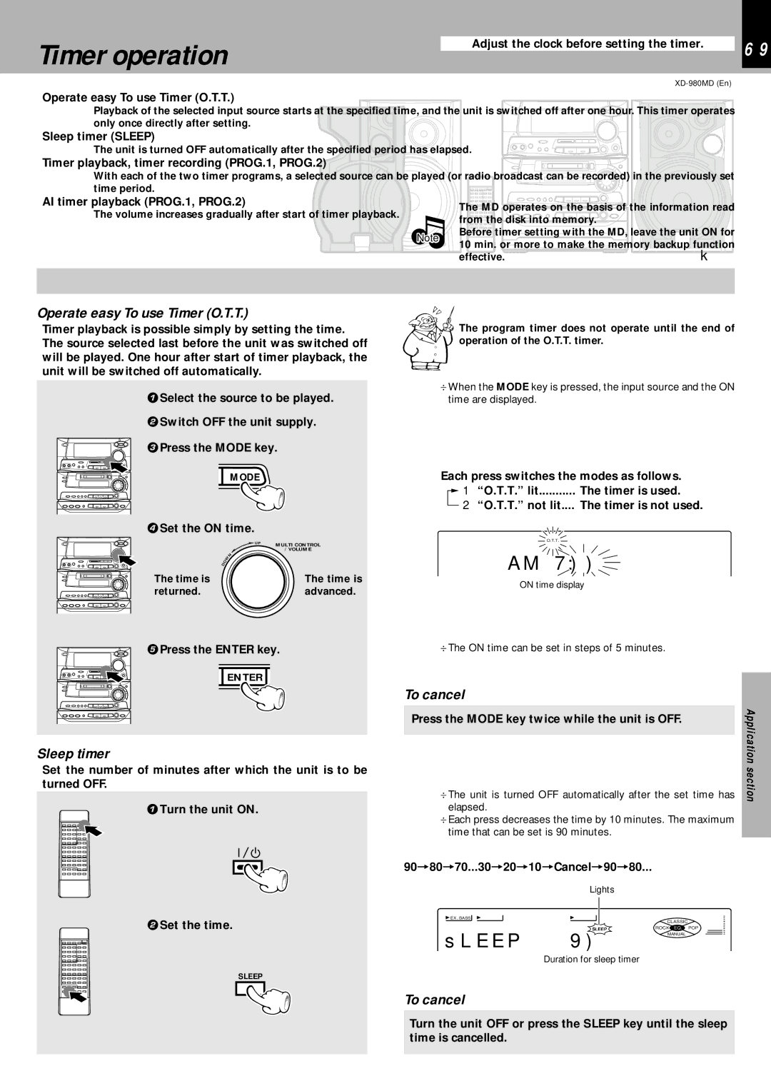 Kenwood XD-980MD instruction manual Timer operation, Operate easy To use Timer O.T.T, Sleep timer, To cancel 