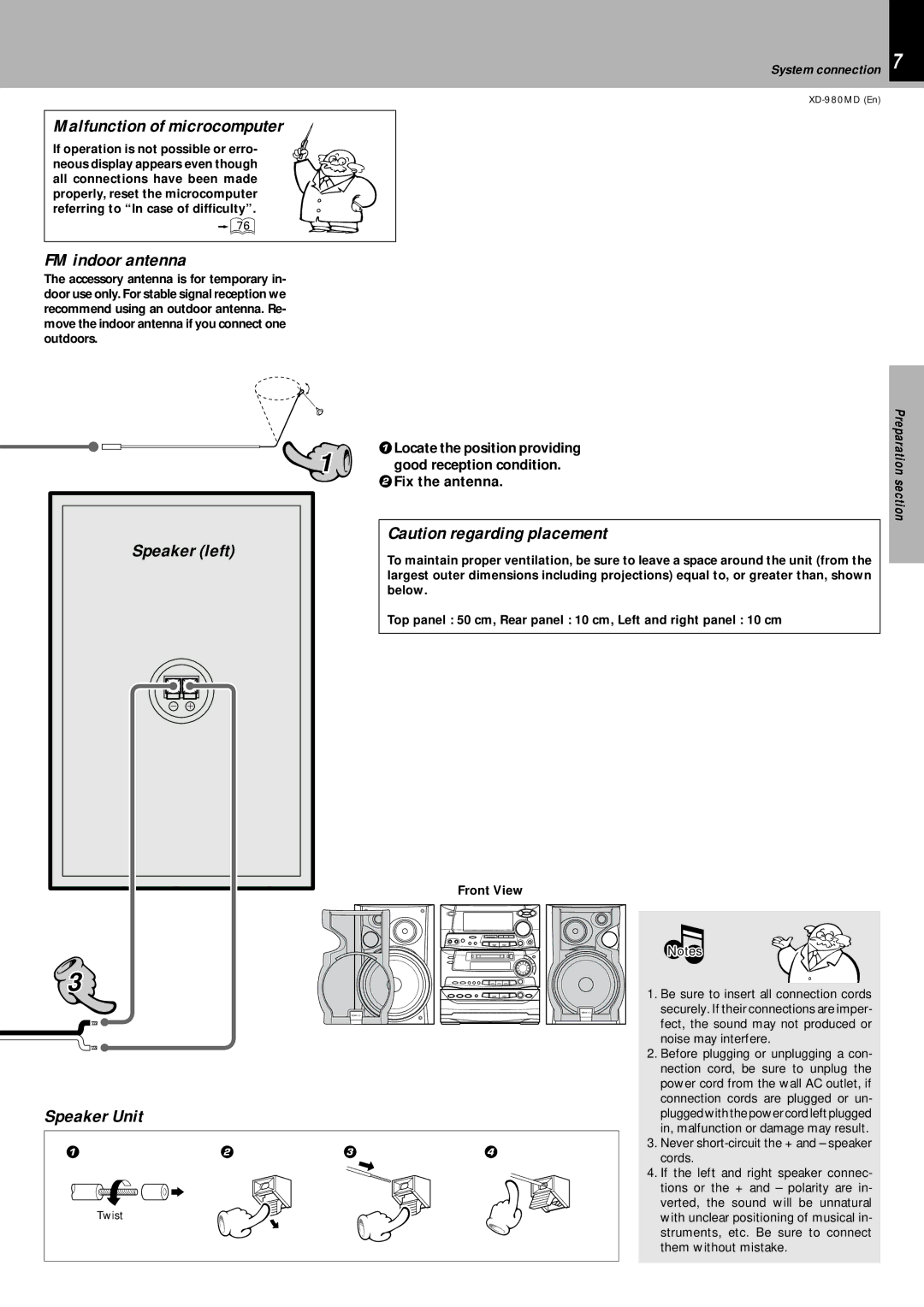 Kenwood XD-980MD instruction manual Malfunction of microcomputer, FM indoor antenna, Speaker left, Speaker Unit 